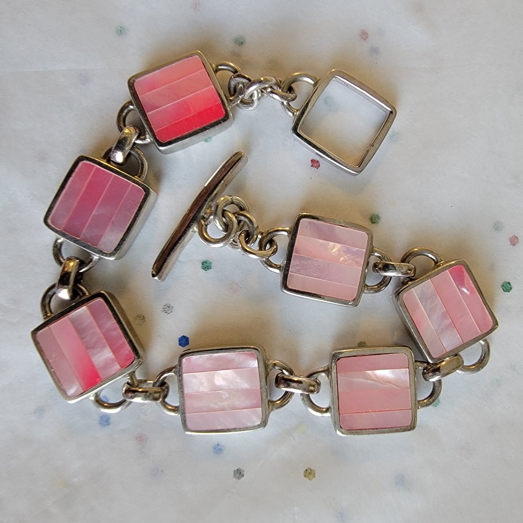 New Reversible Pink Stripe Mop Shell Sterling Silver Bracelet Soulflower